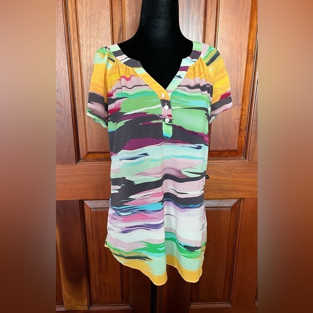SHOSHANNA Striped Watercolor Print Cap Sleeve Top Split Neck 3 Button Small